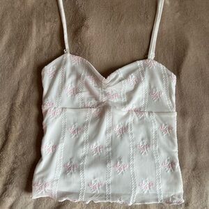 Pink Rose White Tank Top Camisole with Pink Floral Embroidery Women’s XS